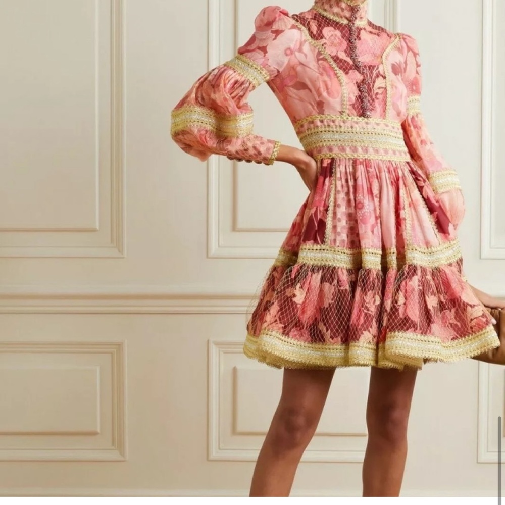 NWT Zimmermann Concert embroidered floral linen lawn dress pink Size AU 0